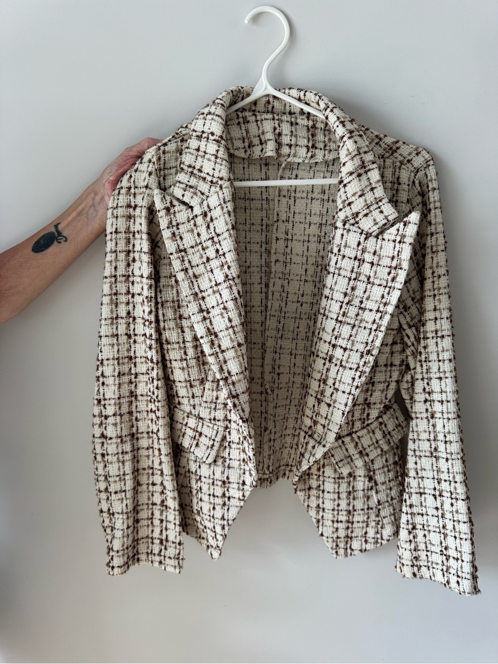 Women's Cream & Brown Tweed Blazer Jacket